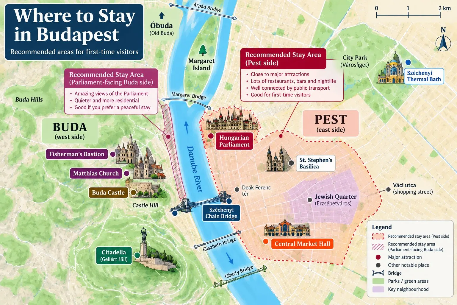 Recommended stay area on Pest + Parliament-facing Buda area
